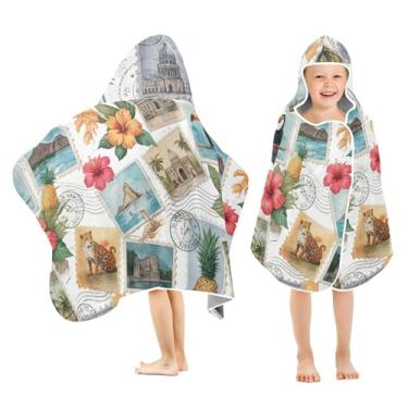 Imagem de Burbuja Toalha de banho com capuz de carimbo postal de viagem para crianças, toalha de praia de pelúcia macia absorvente para meninas e meninos 3-10 anos, 61 x 127 cm