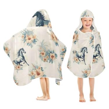 Imagem de Burbuja Horses Hibiscus Flowers Toalha de banho com capuz para crianças, toalha de praia de pelúcia macia absorvente para chá de meninas e meninos 3-10 anos, 61 x 127 cm