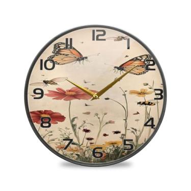 Imagem de YETTASBIN Relógio de parede de acrílico vintage borboletas silvestres - Silencioso, sem tique-taque, operado por bateria, relógio redondo decorativo criativo para cozinha, sala de estar, banheiro