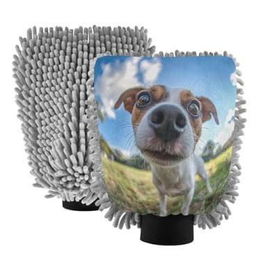 Imagem de STAYTOP Luvas de lavagem de carro com foto olho de peixe de cachorro fofo, 2 peças, luvas de microfibra de chenille, sem arranhões, panos de esponja de lavagem ultra absorventes para carros, limpeza