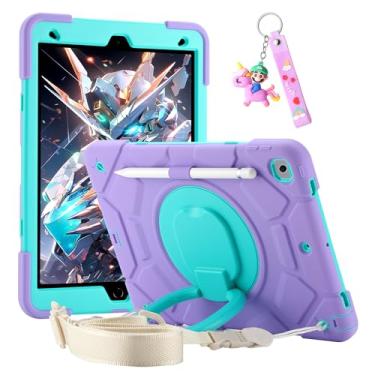 Imagem de Capa para iPad, capa infantil resistente à prova de choque com suporte giratório/suporte para lápis/alça de ombro (roxo claro + menta, iPad 9ª/8ª/7ª geração 10,2 polegadas)