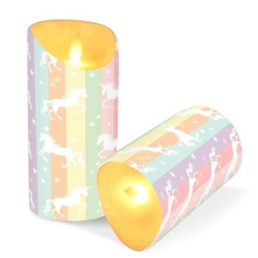 Imagem de ATTX Pacote com 2 velas sem chamas listradas de cavalo arco-íris – 7,6 cm x 9,9 cm de LED com controle remoto e temporizador para casa, casamento, decoração de acampamento #812