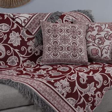 Imagem de Capa Decorativo com Franja para Sofá, Jacquard, 1,35x1,35m, com 2 Almofadas 45x45cm, Dupla Face, Tecido 60% Algodão 40% Poliéster (Vinho)