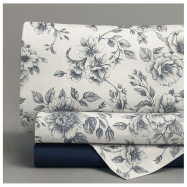 Imagem de Jogo de Lençol 4 Peças Percal 400 Fios Toque Macio Queen King Cama Casal Luxo Premium(Floral Azul,Super King)