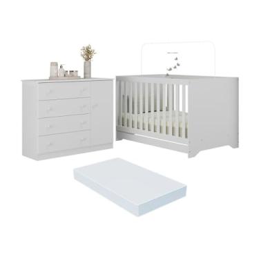 Imagem de Berço Americano 3 em 1 com Colchão Incluso e Cômoda 1 Porta 4 Gavetas Encanto Multimóveis Mp4695 Branco