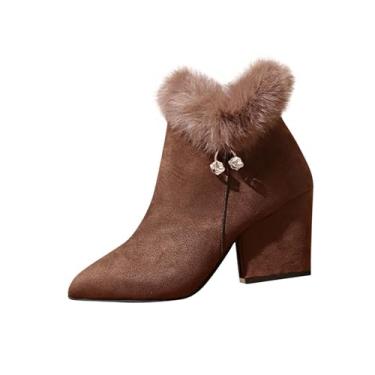 Imagem de Botas femininas de salto grosso com material de camurça, bico fino e detalhes de strass, confortáveis e elegantes, ideais para outono e inverno, moda e uso casual, Marrom, 34