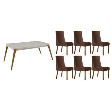 Imagem de Sala Jantar Mesa Havana Tampo c/ Vidro Curvo 180cm+6 Cadeiras Dakota Madeira Naturale/Off White - Capuccino/Suede Marrom - Rufato