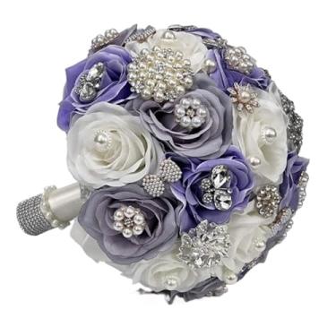 Imagem de Perfectlifeoh Buquê de noiva - Arranjo de flores de rosa de seda artificial de pérola de cristal para noiva (Roxo)