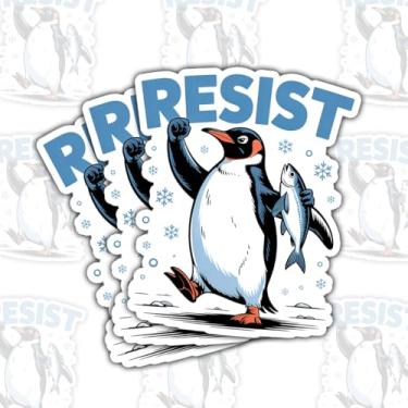 Imagem de 3 adesivos de vinil Resistentes ao pinguim, pinguim fofo segurando peixe e levantando o punho, decalque engraçado com citação de motivação, adesivos para laptop, garrafa de água, capacete rígido de