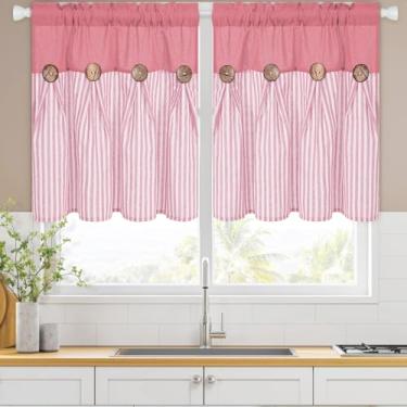 Imagem de ASPMIZ Cortinas de cozinha de linho de 61 cm de comprimento, cortina de janela de cozinha com botão boho de fazenda sobre a pia, cortinas curtas listradas rosa para janelas pequenas, banheiro, varão