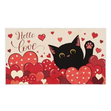 Imagem de VISSTREE Tapete de porta de Dia dos Namorados, tapete antiderrapante coração vermelho gato preto Dia dos Namorados, lavável Hello Love Welcome Tapete de chão para decoração de casa de entrada interna