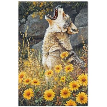 Imagem de Quebra-cabeça floral de filhote de lobo uivante personalizado de 500 peças para adultos paisagem quebra-cabeça exclusivo quebra-cabeças engraçados presentes de jogo, 51 x 35 cm