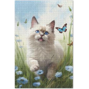 Imagem de Quebra-cabeça fofo com flores de gato Ragdoll para adultos, 1000 peças, quebra-cabeça de arte floral animal, presentes de elefantes brancos