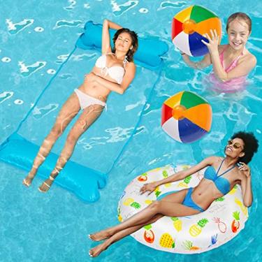 Imagem de 4 boias infláveis para piscinas para crianças/adultos, 1 rede de flutuação de piscina, 1 anel inflável para tubo de natação e 2 bolas de praia