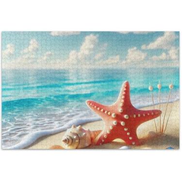 Imagem de Quebra-cabeça de concha costeira estrela do mar 1000 peças para adultos presentes de jogo de quebra-cabeça engraçado, quebra-cabeças grandes, arte de brinquedo, 75 x 40 cm