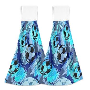 Imagem de Bolas de futebol abstratas personalizadas toalhas de mão de outono com laços para pendurar no forno conjunto de 2 toalhas macias absorventes para cozinha, banheiro, 46 x 35 cm