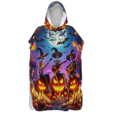 Imagem de Joisal Esqueletos de desenho animado lanternas de Halloween poncho de surfe trocador roupão adulto praia com capuz toalha de banho de secagem rápida ponchos femininos com capuz