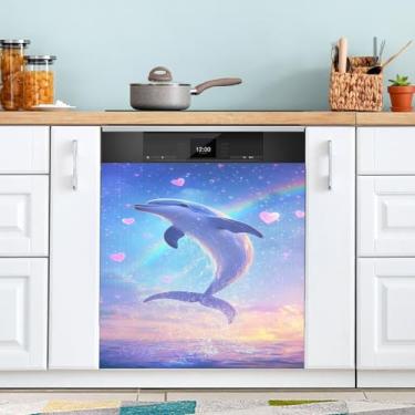 Imagem de Golfinho arco-íris rosa adesivo de máquina de lavar louça capa magnética impermeável capa de porta de lava-louças 58,4 cm x 66 cm
