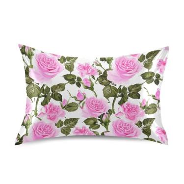 Imagem de Fronhas frescas de cetim com rosas rosas e folhas verdes, capa de almofada, arte fofa, padrão, Queen King, tamanho padrão, 66 cm x 50 cm