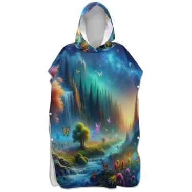 Imagem de Joisal Roupão para adultos, poncho de surfe, com capuz, toalha de praia, impressão, absorvente, poncho masculino com capuz, árvores coloridas brilhantes primavera