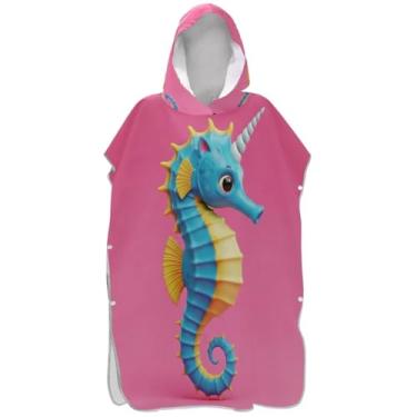 Imagem de Joisal Lindo cavalo marinho unicórnio azul rosa surfe poncho trocador para toalha de banho com capuz de praia plus size poncho masculino com capuz