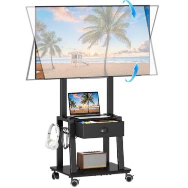 Imagem de Suporte de TV móvel com gaveta para tela plana/curva de 23-60 polegadas, carrinho de TV inclinável com rodinhas com 2 prateleiras Suporte de TV portátil de altura ajustável comporta até 22,7 kg para