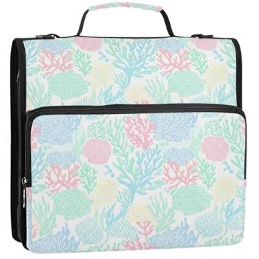 Imagem de Pastas coloridas de plantas pastel, coral de 3,8 cm, 3 anéis, organizador de fichário com zíper, bolsa escolar com alça de ombro, portfólio colorido e suporte de pasta de anel, 34,5 x 31,5 x 9 cm
