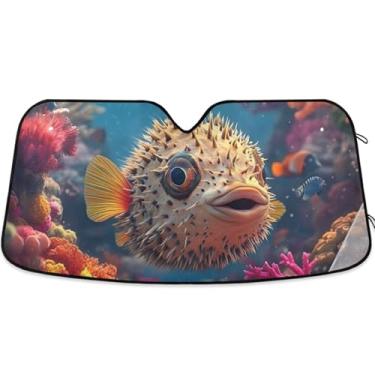 Imagem de Pufferfish recifes de coral coloridos personalizados para-brisa carro para-sol bonito dobrável acessórios de carro para-brisa proteção solar retrátil M, 139,7 cm x 70,1 cm