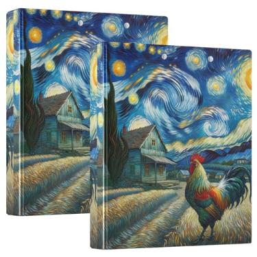 Imagem de Fichário Farmhouse Rooster Noite estrelada com 3 anéis de 3,8 cm, 200 folhas, impressão, 3 pastas, anel redondo, 31,5 x 27 x 6 cm, pacote com 2