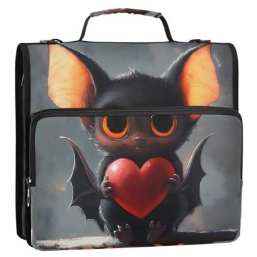 Imagem de Fichário fofo de corações de morcego para Dia das Bruxas, organizador com zíper de 3 cm, fichários resistentes com alça, pasta de armazenamento de bolsa escolar com alça