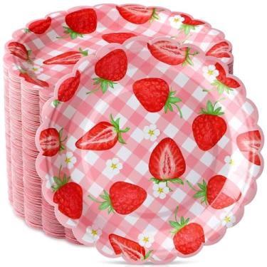 Imagem de Havawish 100 peças de pratos de papel quadriculado de morango fofos pratos de papel de frutas de verão descartáveis jantar sobremesa ou verão tema morango aniversário chá de bebê suprimentos de festa