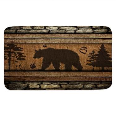 Imagem de Tapete de banho rústico com urso, casa de fazenda, campo, rocha, urso, árvore, floresta, vintage, decoração de madeira, tapetes de banho antiderrapantes, conjuntos de tapetes de banho para banheiro
