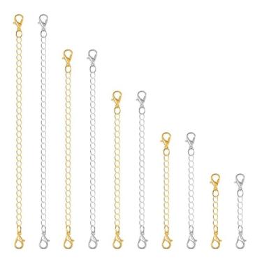 Imagem de 10 correntes de extensão de aço inoxidável douradas e prateadas com fechos de lagosta e fechos para confecção