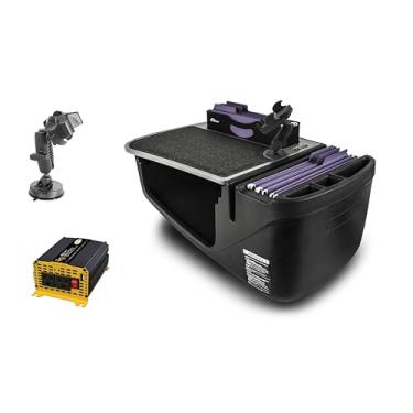 Imagem de AutoExec Mesa de carro Efficiency FileMaster para sua estação de trabalho de veículo e escritório móvel, cinza, com inversor de potência de 400 watts, suporte para telefone e sucção para telefone