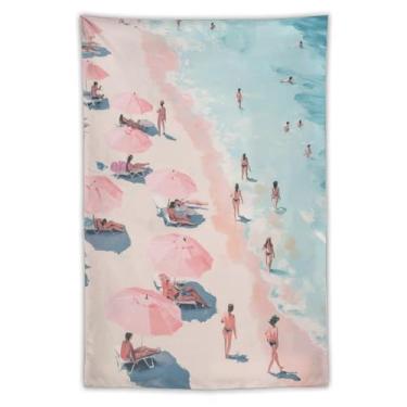 Imagem de Guarda-chuva rosa ocupado tapeçaria de praia banhistas oceano costa cena vibrante pintura a óleo estilo pendurado na parede decoração de casa costeira para quarto sala de estar ambiente de verão