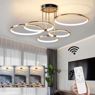 Imagem de Luminária de teto LED dourada, pendente redonda moderna com acabamento eletroplaqueado, luminária de teto regulável com controle remoto, luminárias de teto para quarto, sala de estar, cozinh