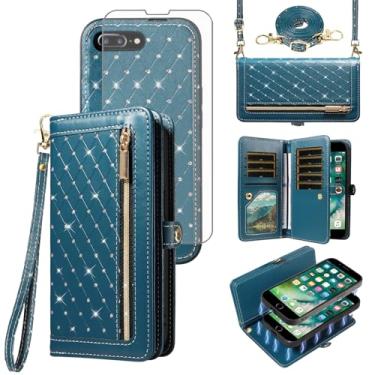 Imagem de Capa de telefone para iPhone 7plus 8plus 7/8 Plus carteira com zíper destacável película protetora de tela transversal alça flip suporte para cartão de crédito i Phone7s 7s + 7+ 8s 8+ Phones8 7p 8p