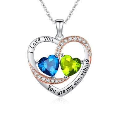 Imagem de WYDDO Colar de coração para mulheres, ouro rosa 14K, pingente de pedra do mês de nascimento duplo, ideal para aniversário, dia dos namorados, presente de Natal para sua esposa, mãe, filha, Base