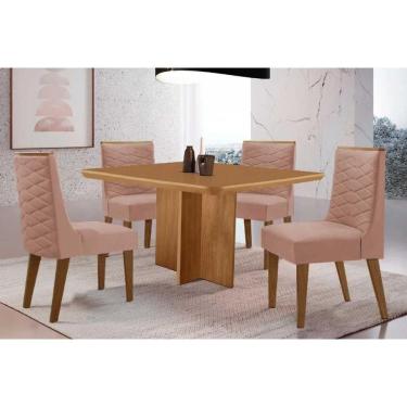 Imagem de Sala Jantar Mesa Berlim Tampo Curvo 90cm+4 Cadeiras Dafne Madeira Naturale - Capuccino/Linho Capuccino - Rufato