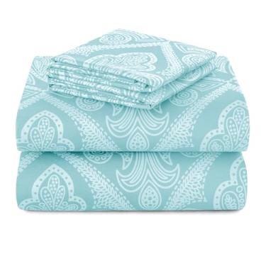 Imagem de Hannah Linen Jogo de lençol casal Paisley, 4 peças de microfibra macia sem rugas - Lençóis de cama estampados luxuosos inclui lençol de cima, lençol com elástico com bolsos profundos e 2 fronhas