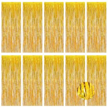 Imagem de Pacote com 10 cortinas de alumínio dourado, 1 m x 3 m, cortinas metálicas de franja de folha de estanho, cenário de cabine de fotos, cenário para festa de aniversário, noivado, despedida de solteira
