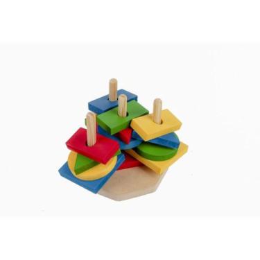 Imagem de Brinquedo Pedagógico Madeira Torre de Forma Geométrica 16 Peças - TK S