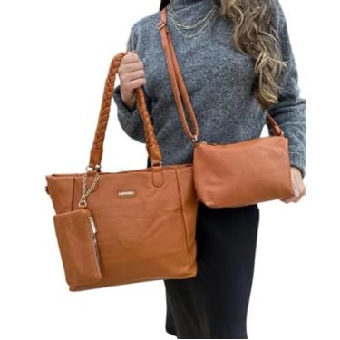 Imagem de Kit 3 Bolsas Femininas Couro Sintético Caramelo Alça Estilo Toque Elegante Look Moderno Versátil Espaçosa