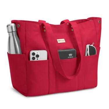 Imagem de TOPDesign Bolsa grande de lona para mulheres, bolsa de ombro com manga e bolsos para laptop, tudo para viagens, trabalho, Vermelho, Large