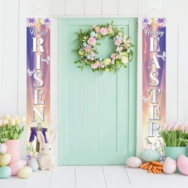 Imagem de AIBIIN Placa de alpendre de Natal Happy Easter He Is Risen, faixa pendurada com ovos de Páscoa, coelhinho de Jesus, decoração de porta para casa, exterior, interior, parede, decoração de porta da