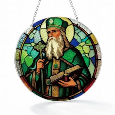 Imagem de Decoração de festival irlandês, enfeite de Natal verde trevo de boa sorte para festa em casa, enfeite de dia de São Patrício, apanhador solar suspenso em janela de acrílico, presente de bênção