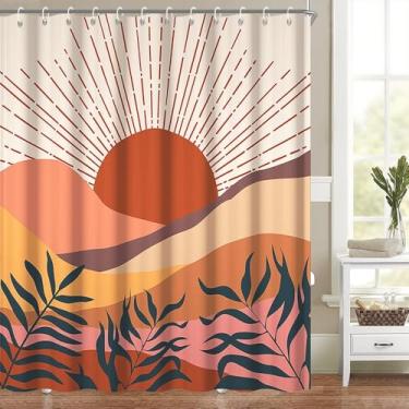 Imagem de Cortina de chuveiro boho de meados do século para banheiro, retrô, abstrata, laranja, pôr do sol, folhas, montanha, moderna, neutra, minimalista, conjunto de banheira decorativo, lavável, tecido de