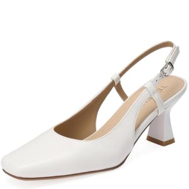 Imagem de TEAIEUI Sapato social feminino com salto slingback bico fechado 6 cm salto baixo gatinho com tira ajustável no tornozelo para trabalho, escritório, casamento, noite, Branco, 40