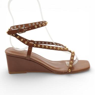 Imagem de Sandália Anabela Sapato da Corte Salto Médio Tiras Finas Tachas, S mar