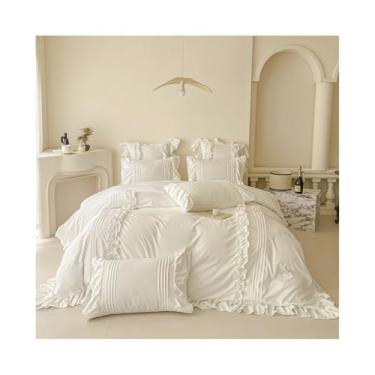 Imagem de x3anggyt5 Jogo de cama de 4 peças estilo princesa coreana com babados de renda cor sólida conjunto de capa de edredom plano/elástico (branco, cama 150 x 200 cm, 4 peças)